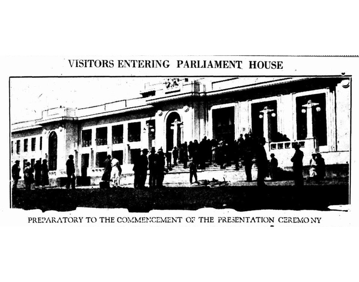 Image of the ceremony for the Speaker's Chair from the Canberra Times, 14 October 1926.