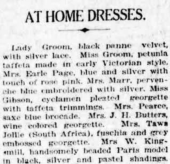 An excerpt from the Canberra Times describing dresses worn at the 'At Home' hosted at Hotel Canberra.